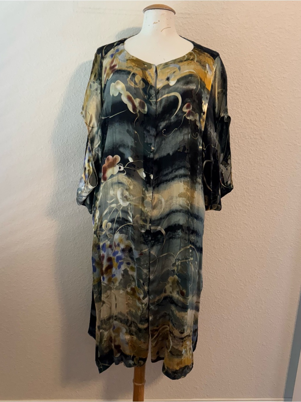 Citron Santa Monica Kimono Duster 3X Silk Blend Abstract Asian Motif Artsy Boho